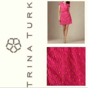 NWOT TRINA TURK  eyelet dress in fuchsia/hot pink w/a yellow lining.